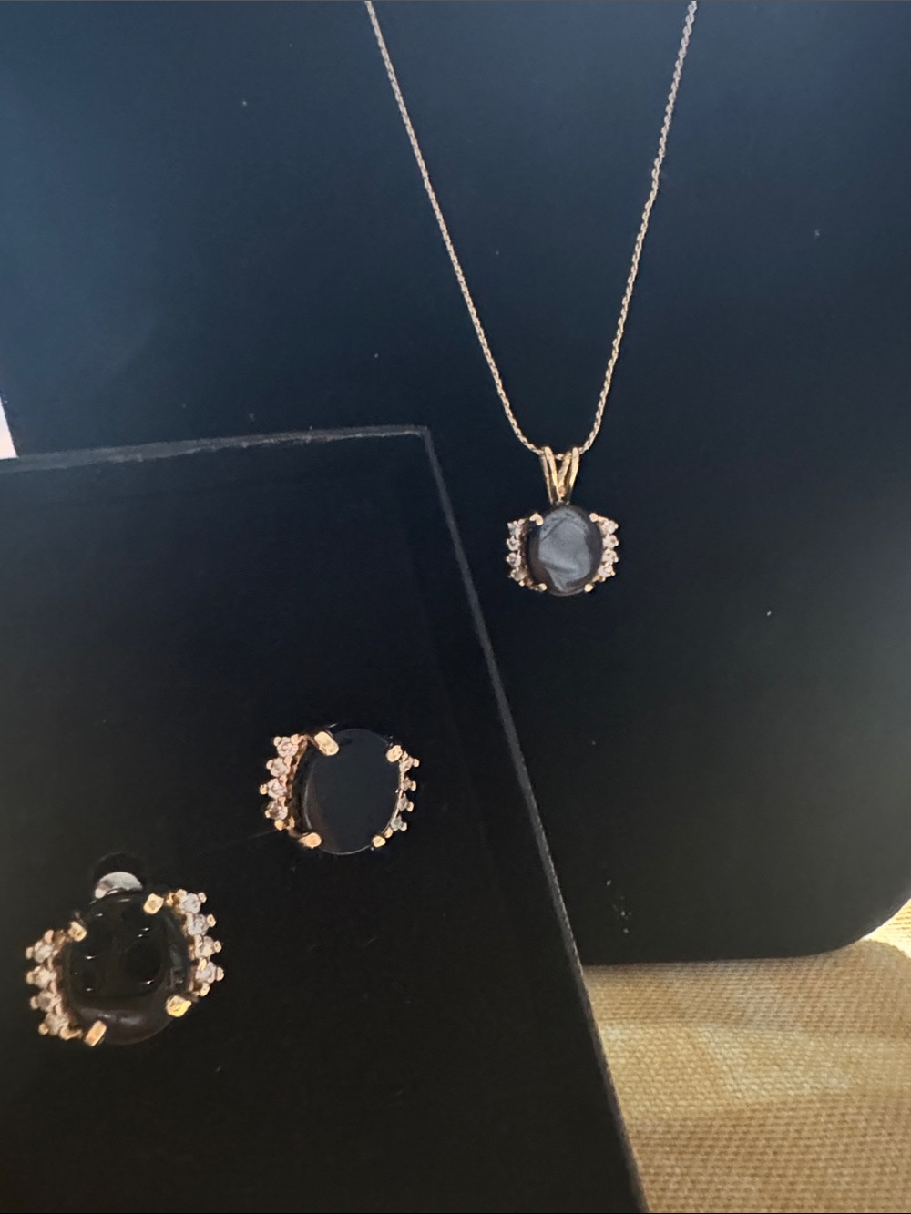 Alexandria Gems Black Onyx Look Jewelry Set Necklace Earrings Ring Gold Tone Vin
